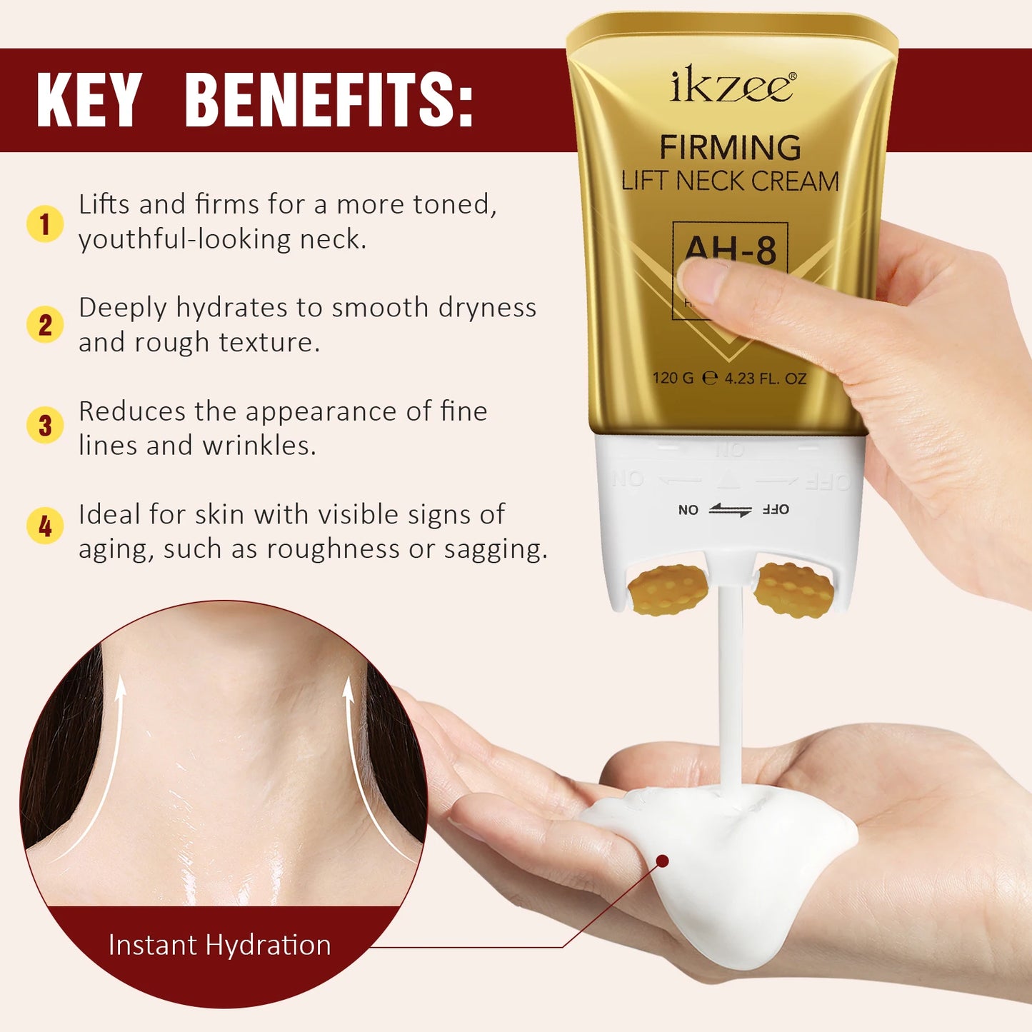 IKZEE 120G AH-8 Neck Tighten Lift Firming Cream Skin Repair Moisturizing Deep Hydration Smooth Skin Neck Firm Cream with Roller